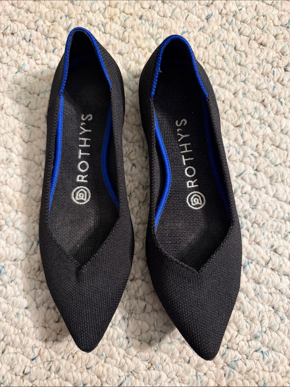 Rothy's Black Pointed Knit Flats with Blue Trim
